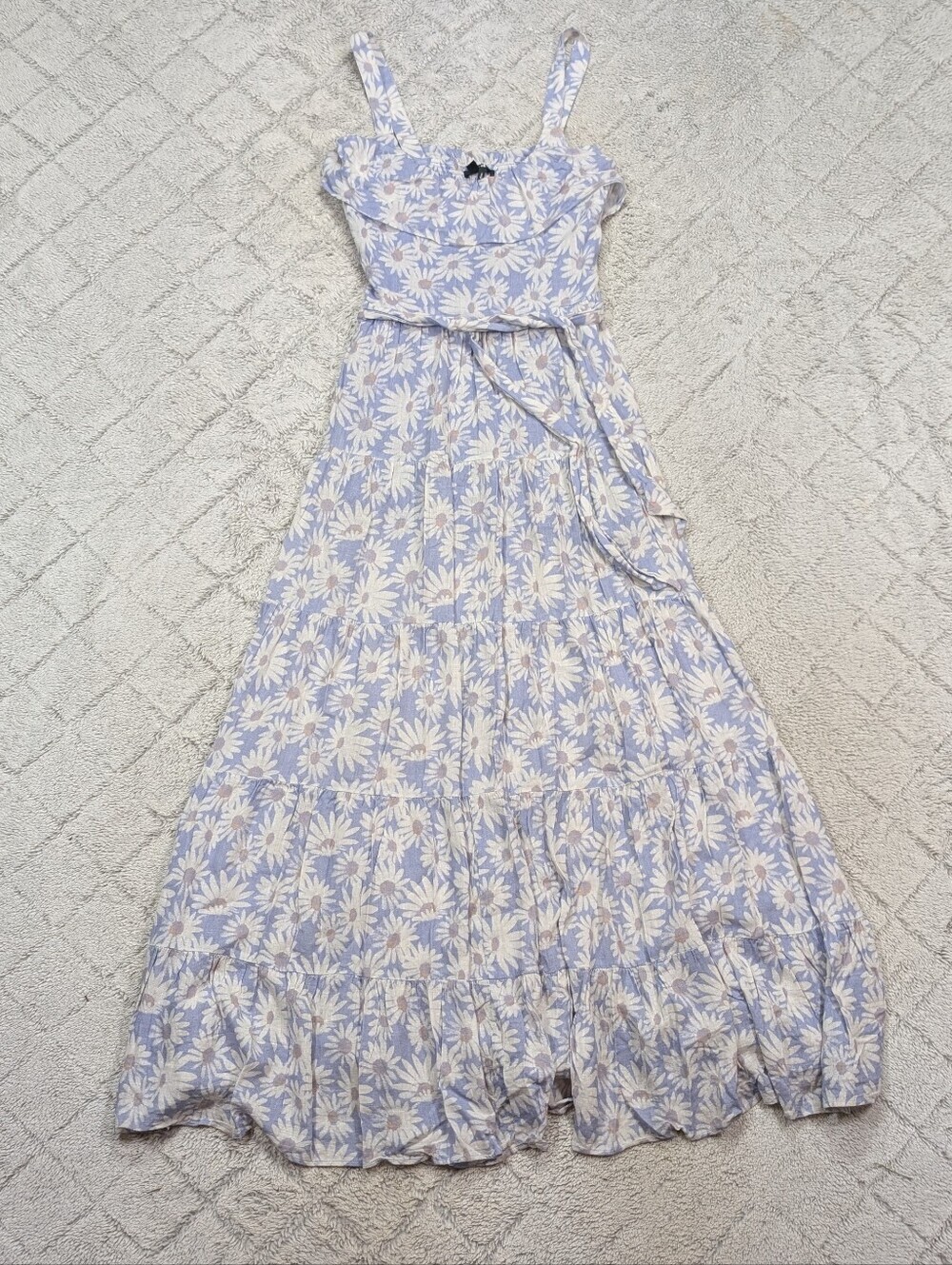 Paige Dress Womens XS Blue Periwinkle Daisy Print Tevin Maxi Ruffle Tier Cottage
